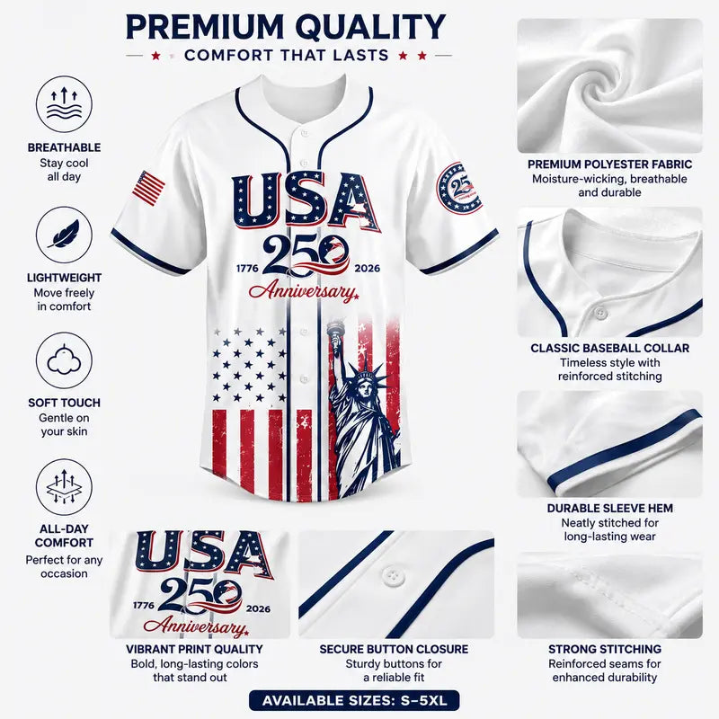 USA 250th Anniversary Baseball Jersey – Limited Edition Patriotic Shirt 1776–2026