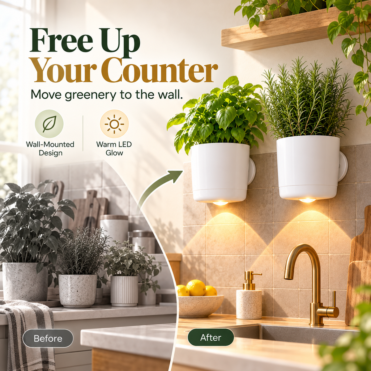 Wall-mounted white planters with warm LED lighting freeing up kitchen counter space