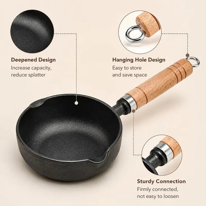 🍳 4.3" Pre-Seasoned Cast Iron Mini Sauce Pan with Wooden Handle & Dual Pour Spouts