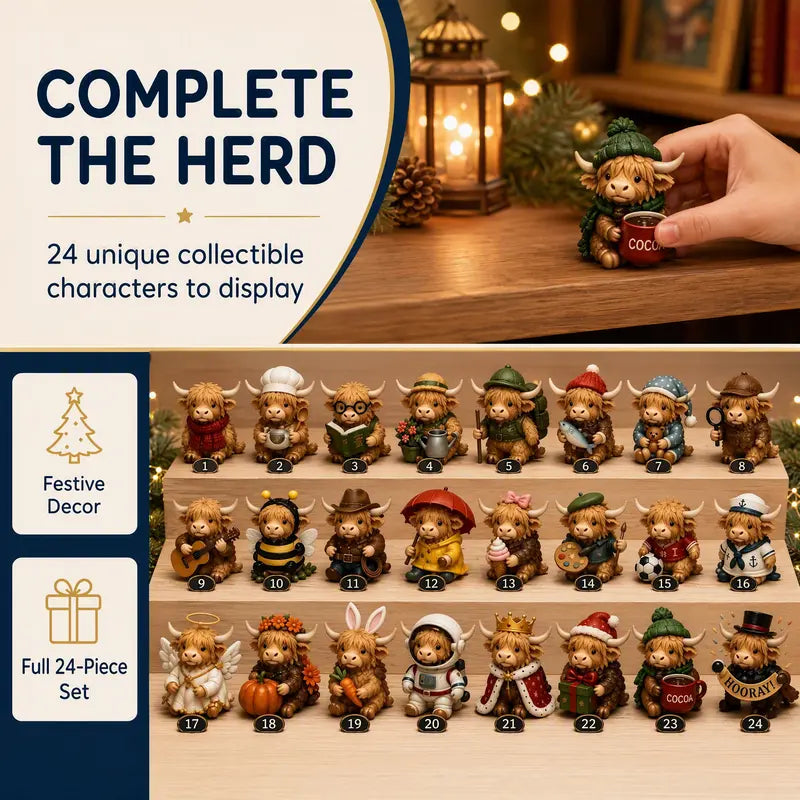 🎄 24-Day Highland Cow Advent Calendar – Christmas Countdown with 24 Collectible Mini Figures