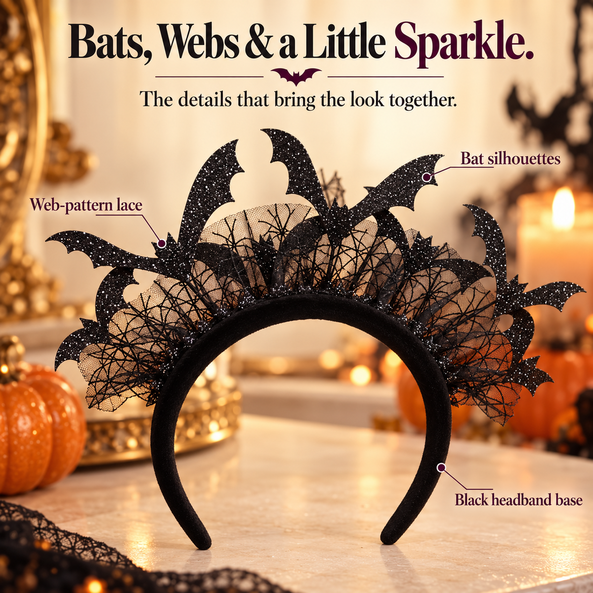 🦇 Black Bat Crown Headband – Spider-Web Lace & Glitter-Look Halloween Headpiece