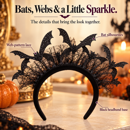 🦇 Black Bat Crown Headband – Spider-Web Lace & Glitter-Look Halloween Headpiece