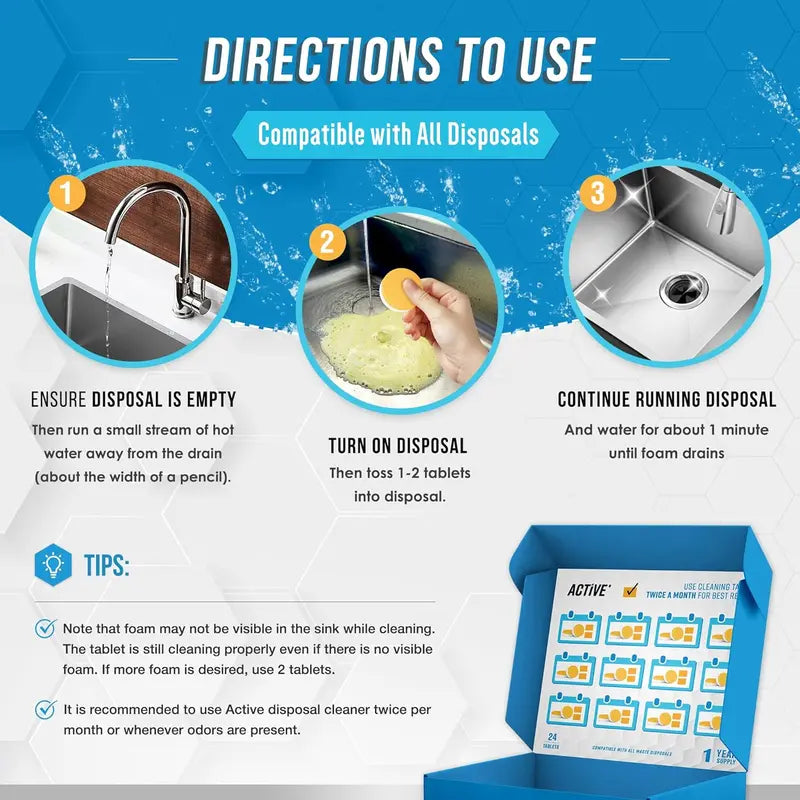 🫧 24-Pack Foaming Garbage Disposal Cleaner Tablets – Removes Odors & Freshens Your Sink