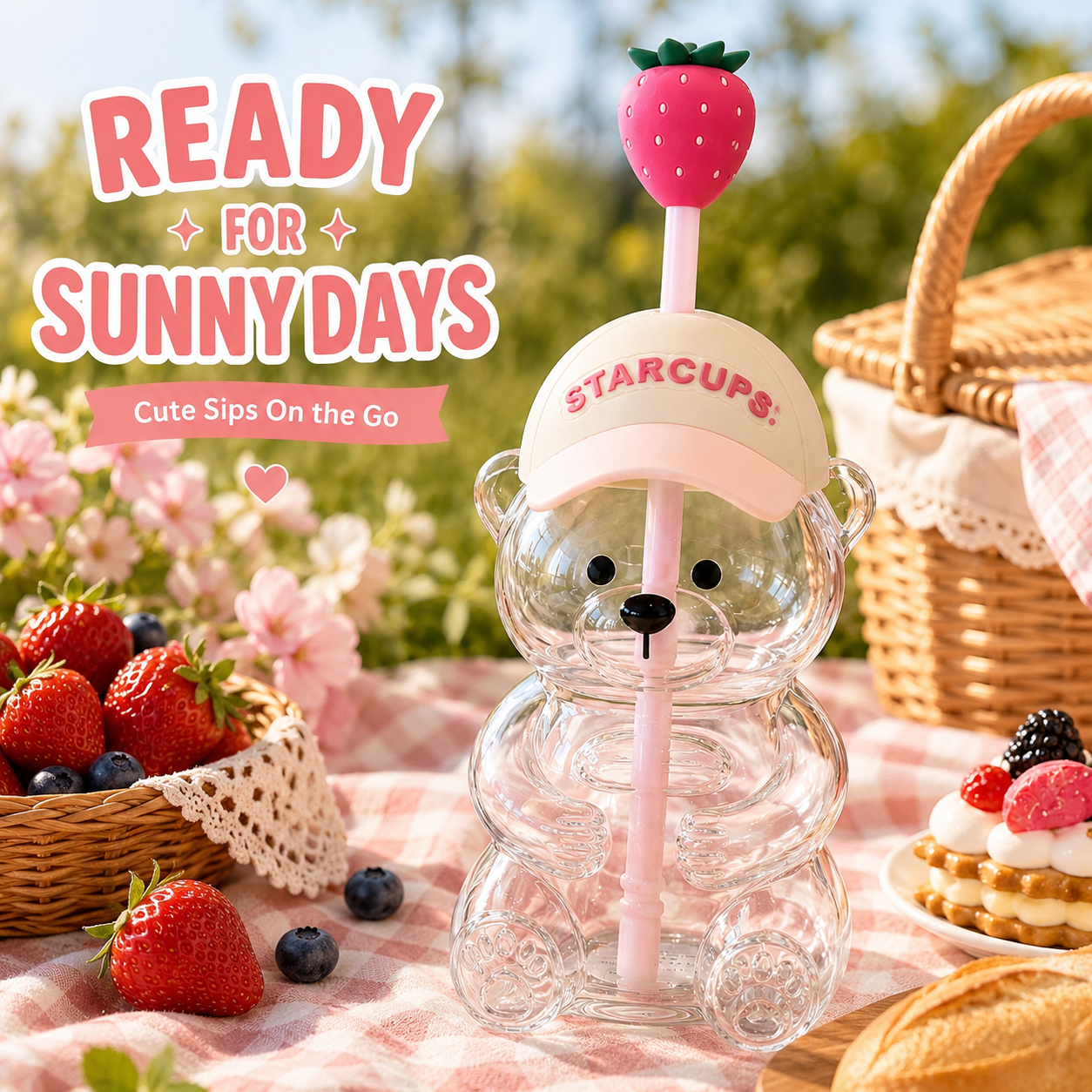 🧸2026 New Cute Beaar Glass Tumbler with Bear Lid & Strawberry Straw✨
