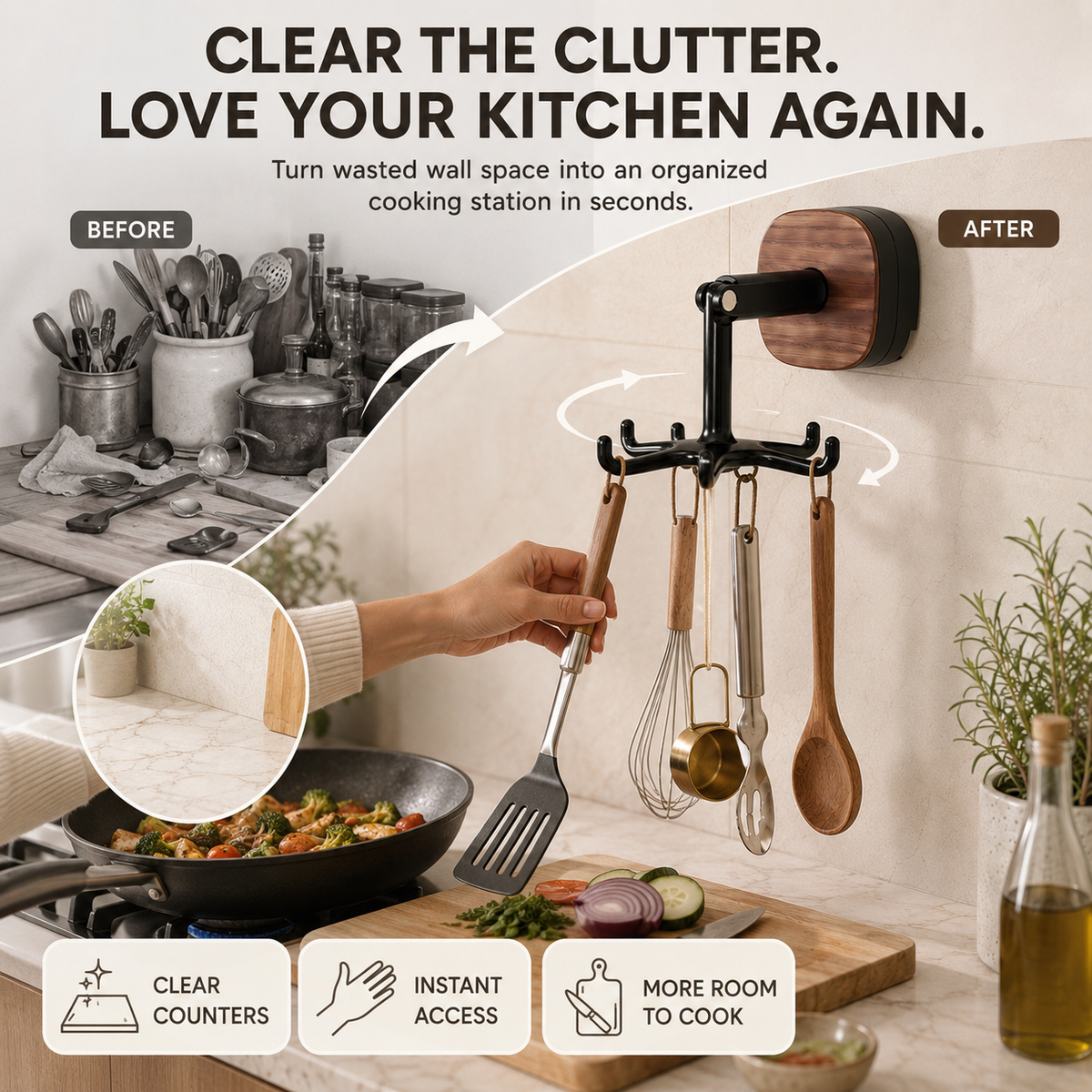 360° Rotating 6-Hook Suction Organizer – No-Drill Space-Saving Storage🪝