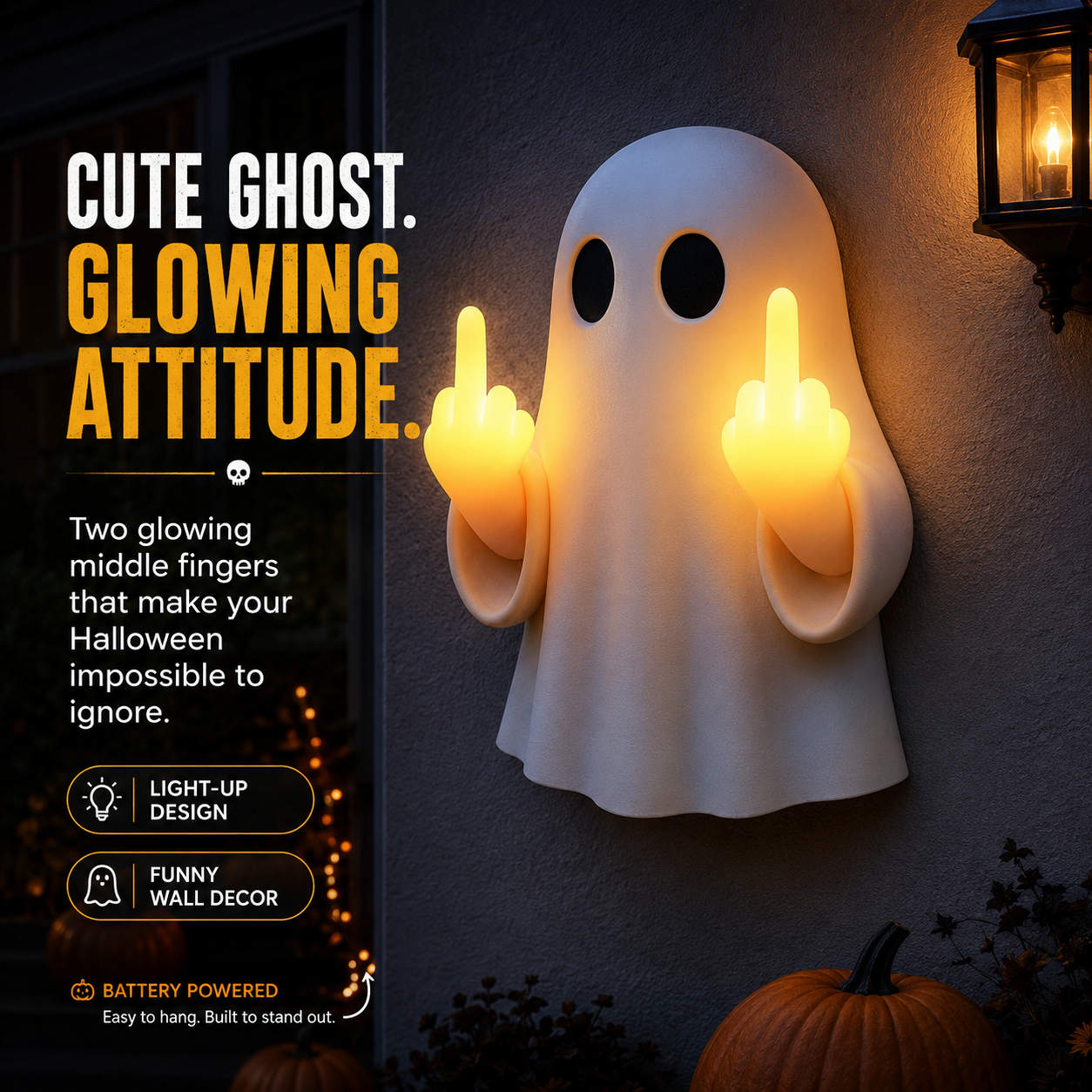 👻 Double Middle Finger Light-Up Ghost – Funny Halloween Wall Decor🖕🖕