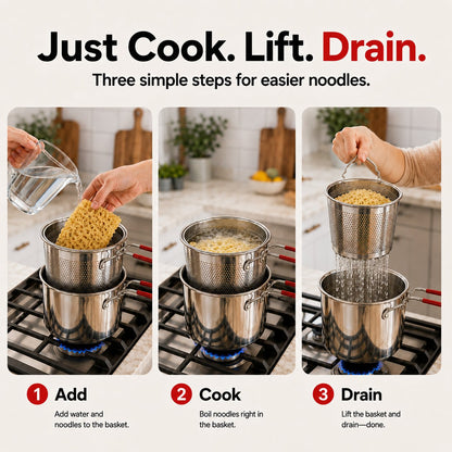 🍜 Mess-Free Noodle Strainer Pot — Cook, Drain & Pour In One Step