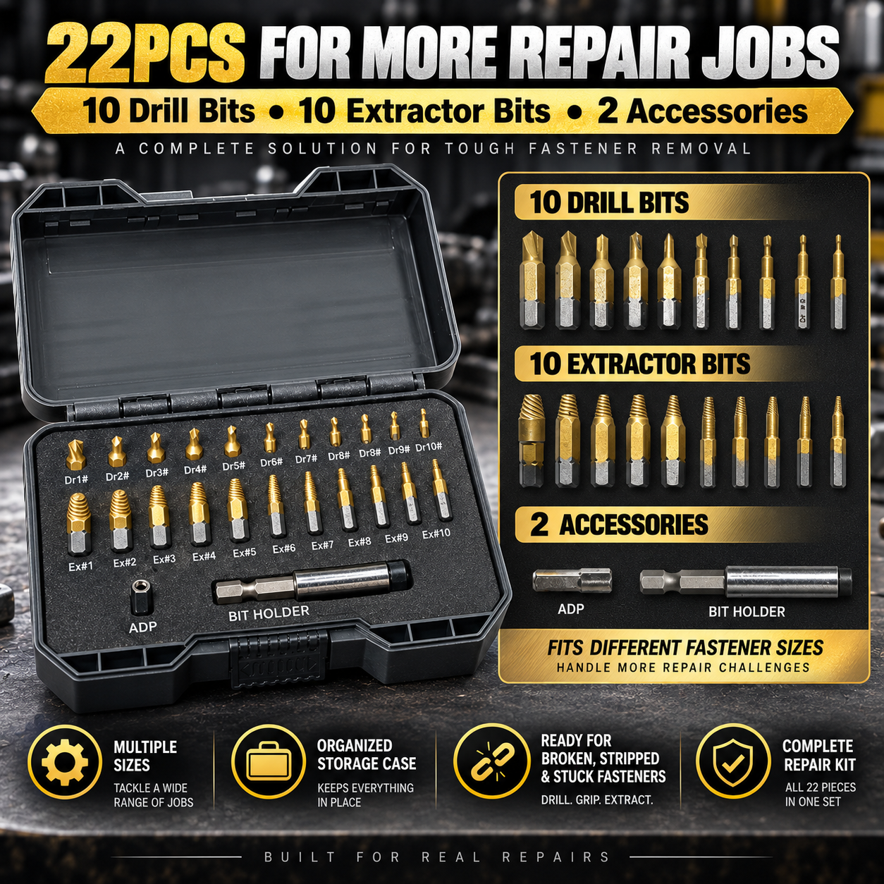 🔧 20PC Broken Bolt Extractor Kit – Remove Stripped & Stuck Screws Fast