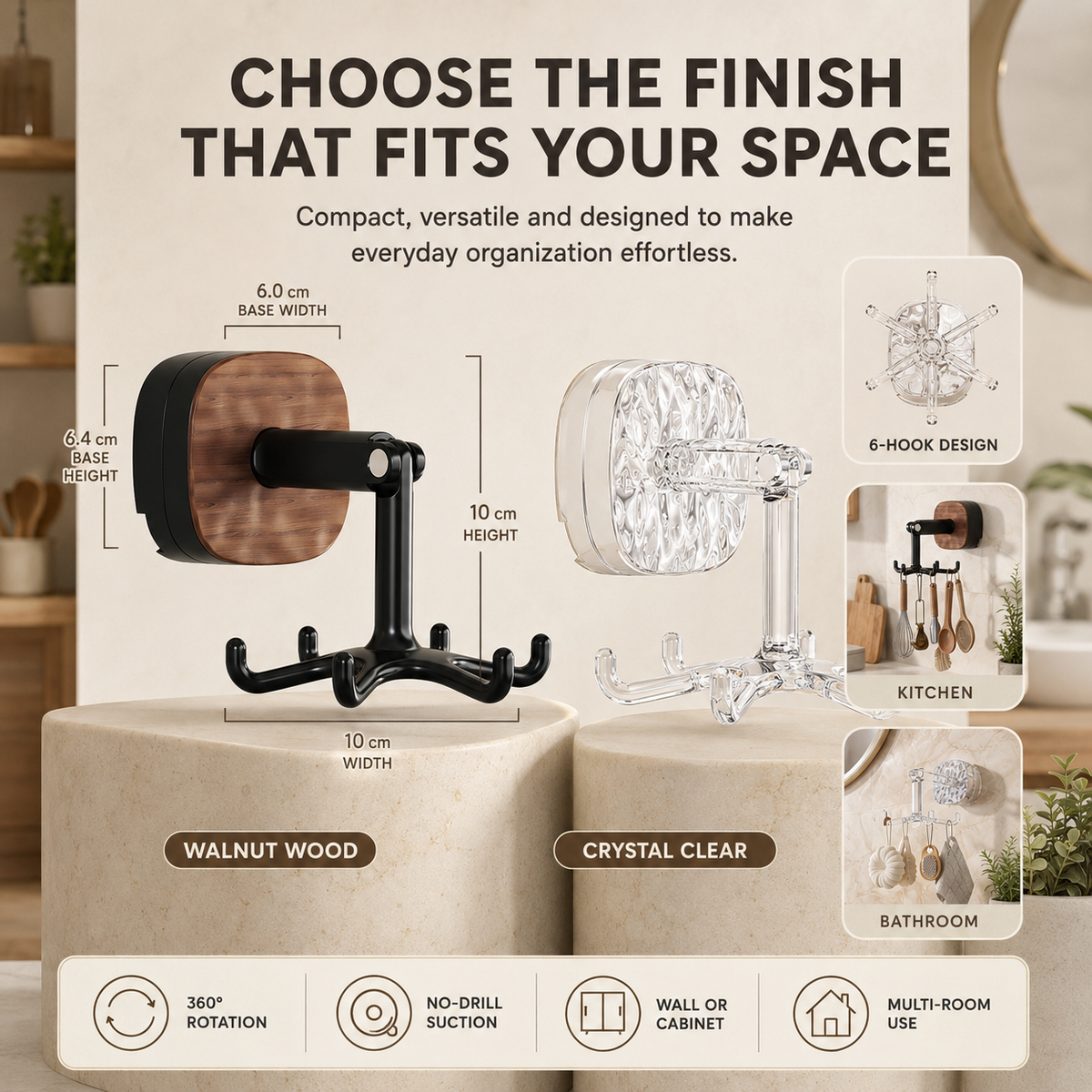 360° Rotating 6-Hook Suction Organizer – No-Drill Space-Saving Storage🪝