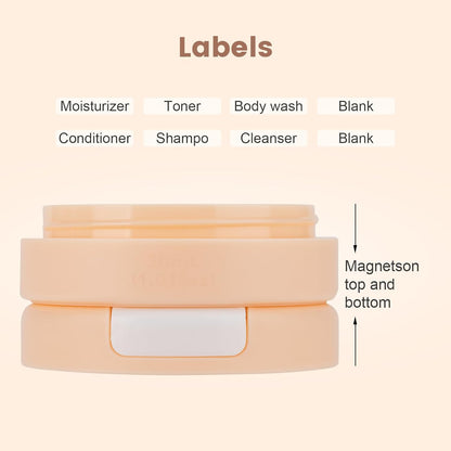 Travel Containers for Toiletries, Magnetic Travel Containers, TSA Approved Cream Jars with Toiletry Bag, Leak-proof Small 1oz Capsules Set with Multiple Labels for Organization (4 Pack)