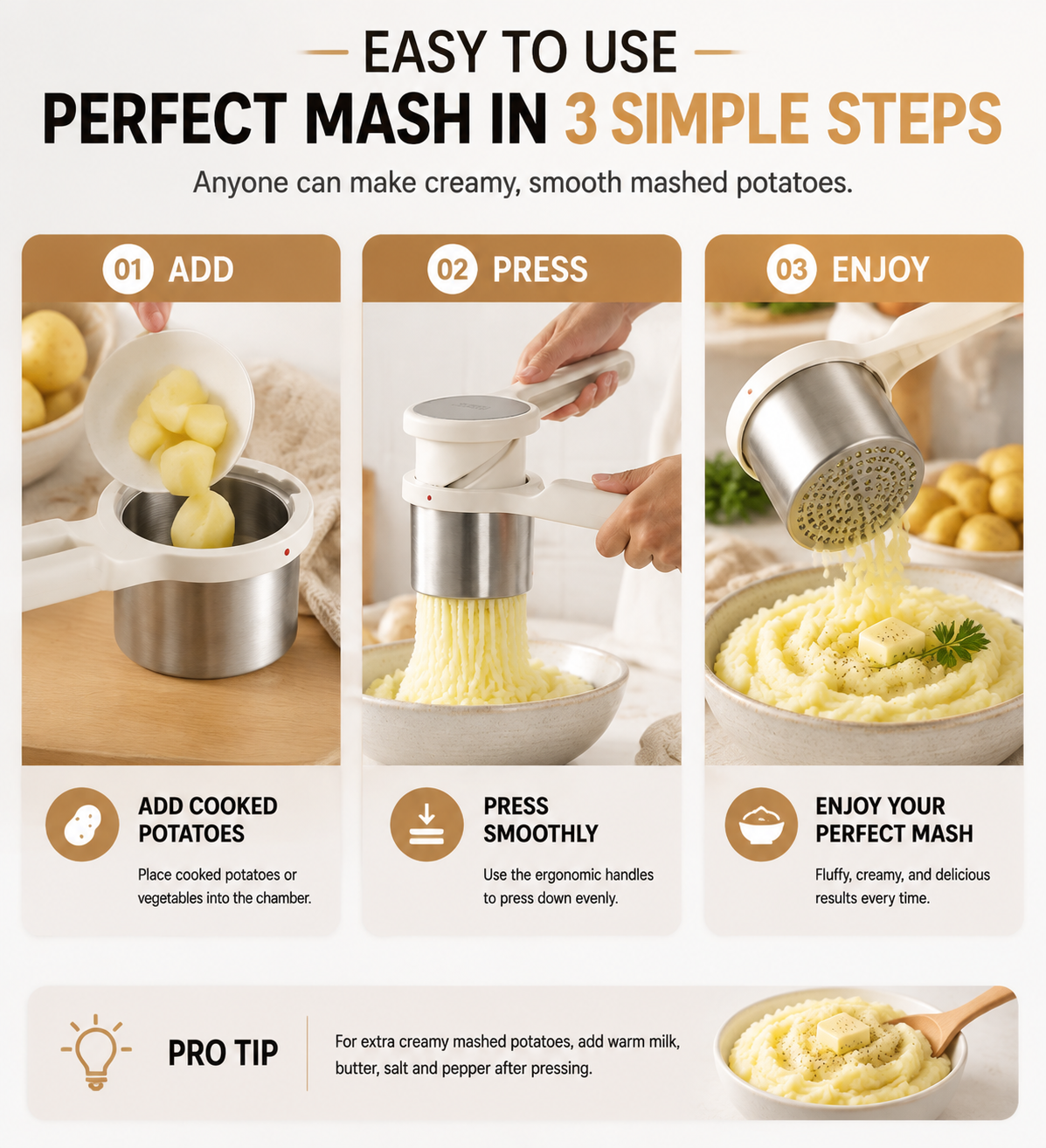 🥔 Rotary Potato Ricer Press – Create Creamy Restaurant-Style Mashed Potatoes Easily