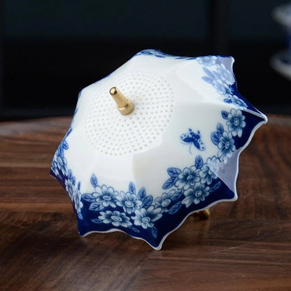 ☂️ Blue-and-White Umbrella Tea Strainer | Ceramic Tea Filter Set