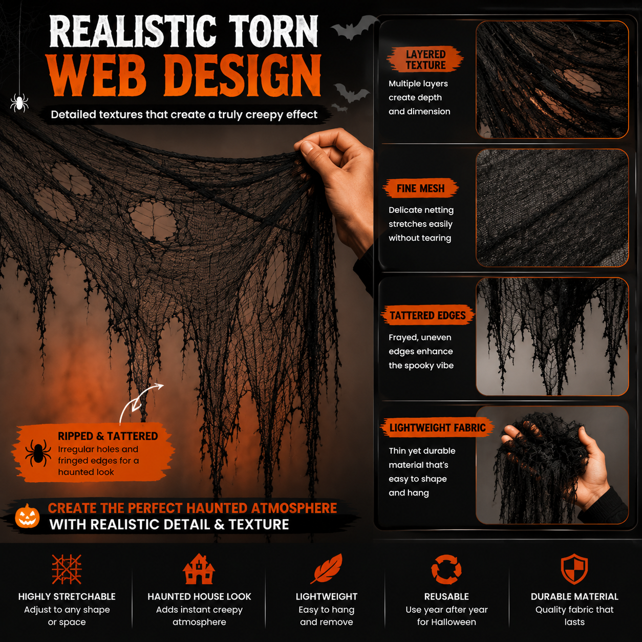 🕸️ Halloween Haunted House Web Cloth | Large Black Tattered Hanging Decoration for Spooky Party & Home Makeover