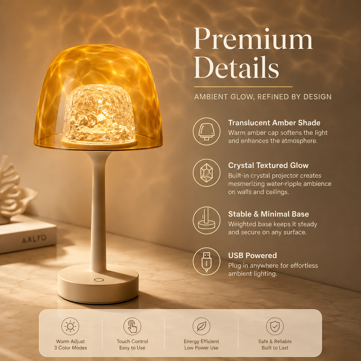 🌊 Water Ripple Ambient Lamp – 2-in-1 USB Powered Mushroom Mood Light for Bedroom, Bathroom & Cozy Home Decor
