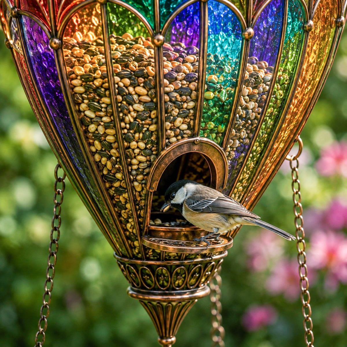 Bird Feeding From Hot Air Balloon Seed Reservoir