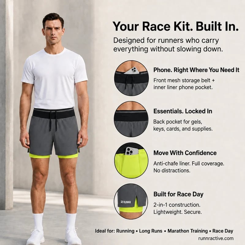 🏃🔥 50% OFF RUNNR Marathon Pro Running Shorts ⚡ 2-in-1 Anti-Chafe Shorts With Phone Pocket
