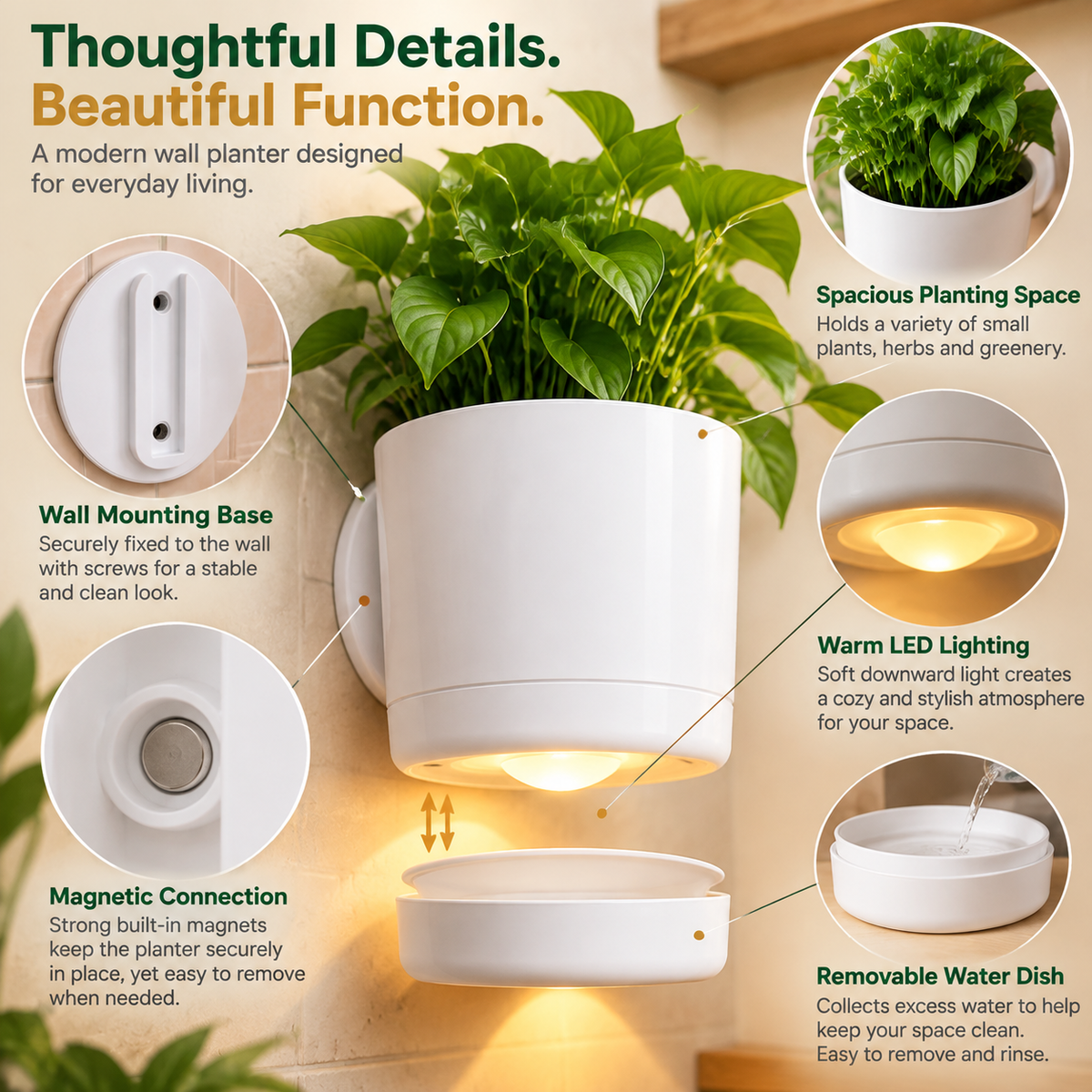 Product detail infographic showing the white planter, wall base, magnetic connection, warm LED and removable water dish