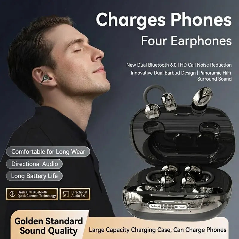 GT699S Bluetooth Wireless Earbuds with Chargeable Power Bank Case, 6 Earbuds, Clip-On Design, Noise Cancellation, Water Resistant, Reverse Phone Charging, Audio for Sports & Sleep, Android & iOS Compatible