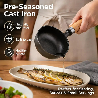 🍳 4.3" Pre-Seasoned Cast Iron Mini Sauce Pan with Wooden Handle & Dual Pour Spouts
