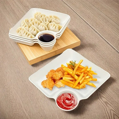 🍟 4-Piece Snack Plate Set with Built-In Dipping Sauce Bowl