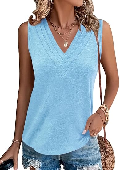 Women V Neck Tank Tops Dressy Casual Summer Loose Fit Sleeveless Shirts Blouse