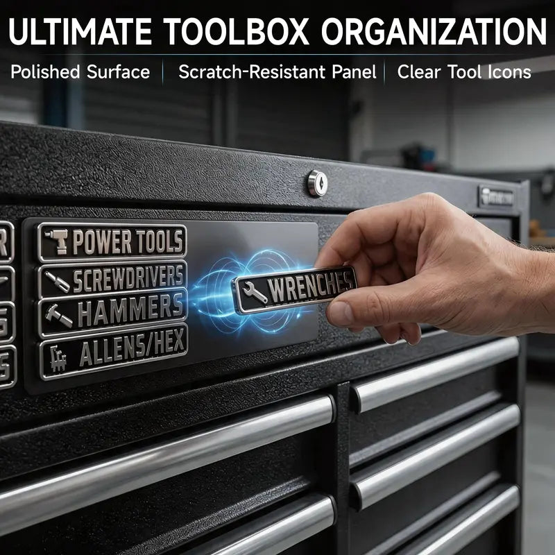 Metal wrench label being placed onto black steel toolbox drawer