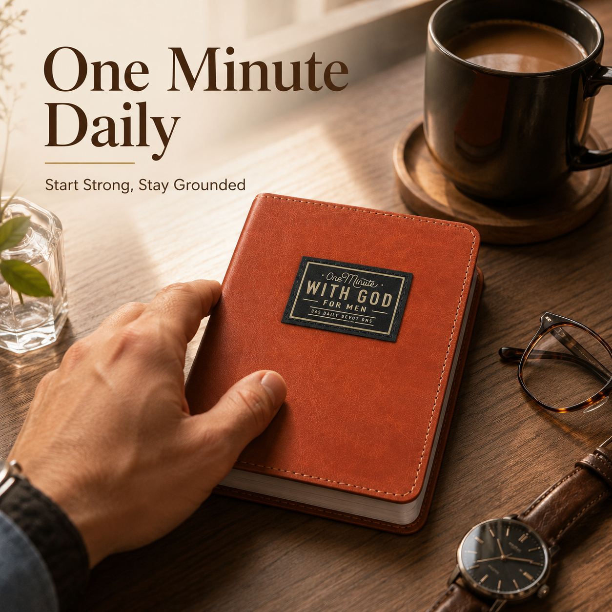 One Minute with God for Men – 365 Days Daily Devotional, Brown Faux Leather Flexcover, Christian Gift for Men, Bible Prayer Journal for Dad Husband Father, Portable Pocket Size