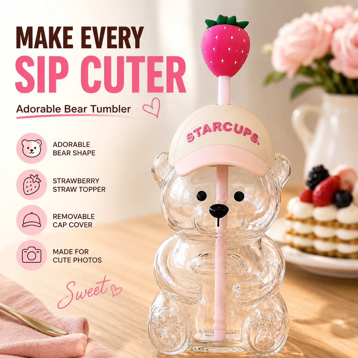 🧸2026 New Cute Beaar Glass Tumbler with Bear Lid & Strawberry Straw✨
