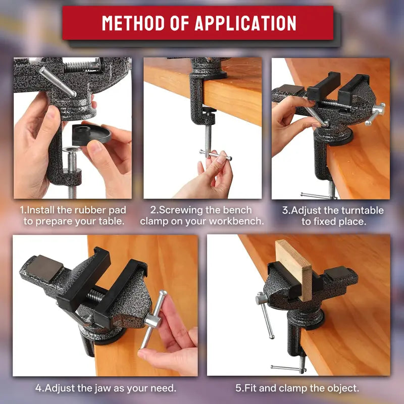 3" Aluminum Work Bench Vise - 360° Swivels, Universal Clamp, 2" Jaw Opening, Rotating Design, New, Swivels 360°, Aluminum Body, 45° Tilt Adjust, 360 Degrees Rotating Jaw