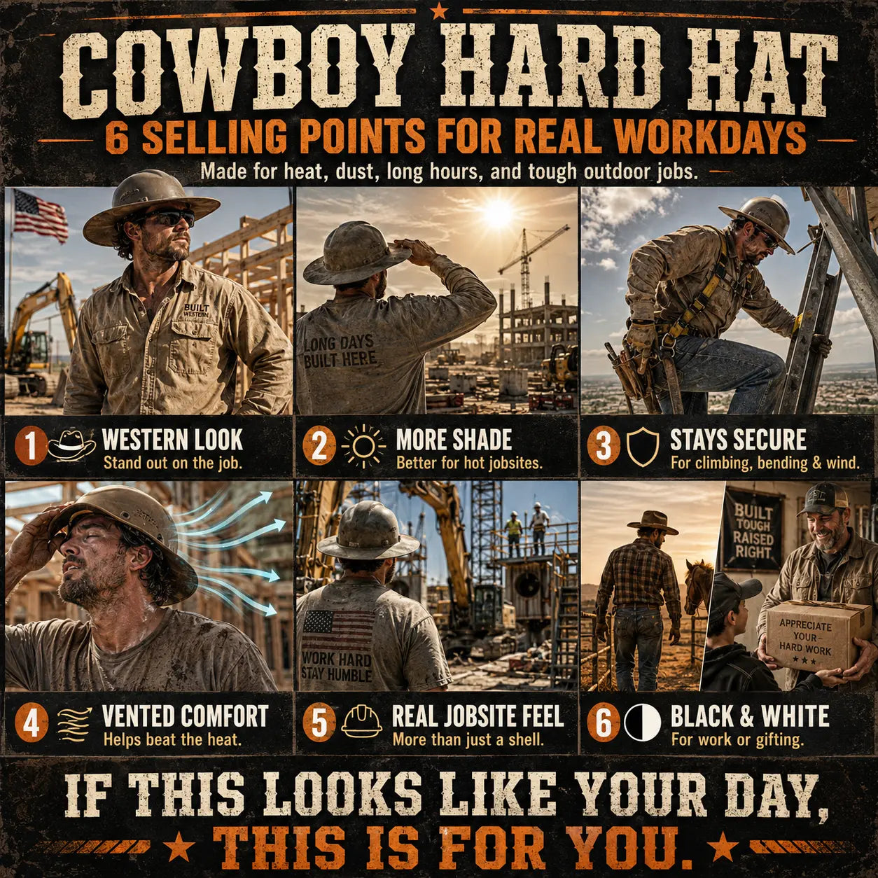 🤠 Cowboy Hard Hat – Western Style Wide Brim Work Helmet with Chin Strap