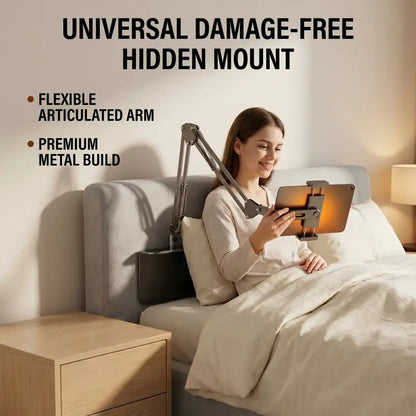 1 Count Bedside Tablet Stand with Metal Base, Universal Holder for Phone and iPad, Flexible Mechanical Arm Fits 4-12.9 Inch Devices, Clamp or Desktop Mount for Bed, Sofa, Kitchen Counter, 360° Rotatable