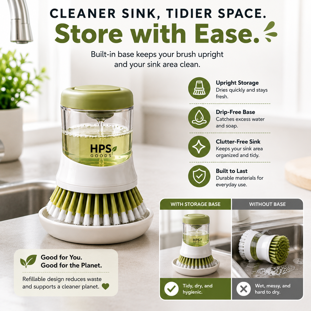 🧼 Press-to-Dispense Dish Brush with Storage Base – Cleaner Sink, Easier Dishwashing