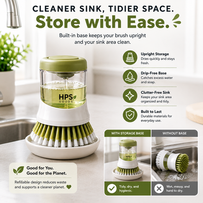 🧼 Press-to-Dispense Dish Brush with Storage Base – Cleaner Sink, Easier Dishwashing