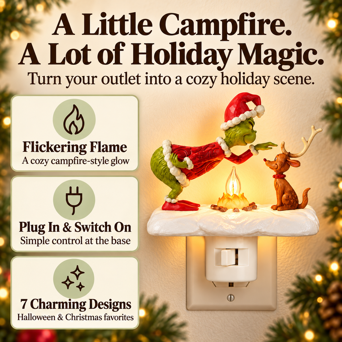 Flickering Campfire Plug-In Night Light – 7 Charming Holiday Designs