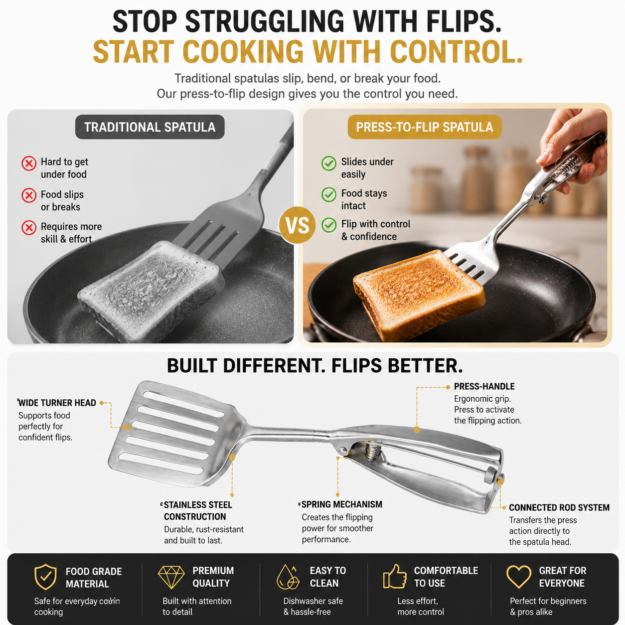 🍳 Press-To-Flip Stainless Steel Spatula | Smart Mechanical Kitchen Turner