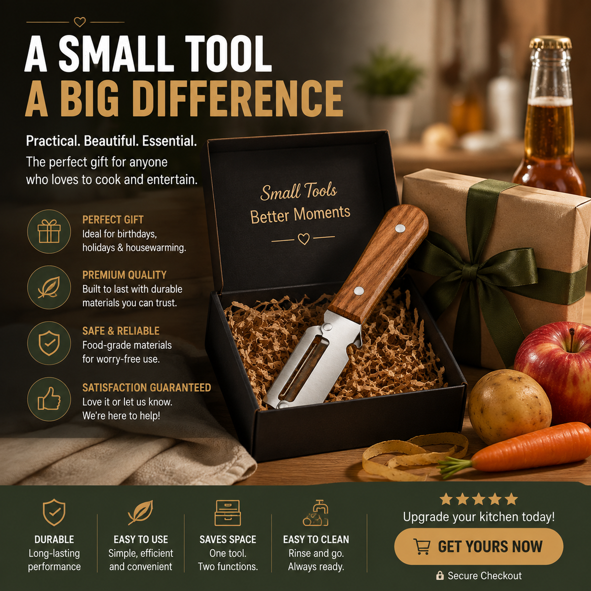 🔪 2-in-1 Wooden Kitchen Peeler & Bottle Opener – Peel, Open & Simplify Your Cooking
