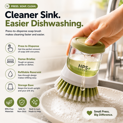 🧼 Press-to-Dispense Dish Brush with Storage Base – Cleaner Sink, Easier Dishwashing