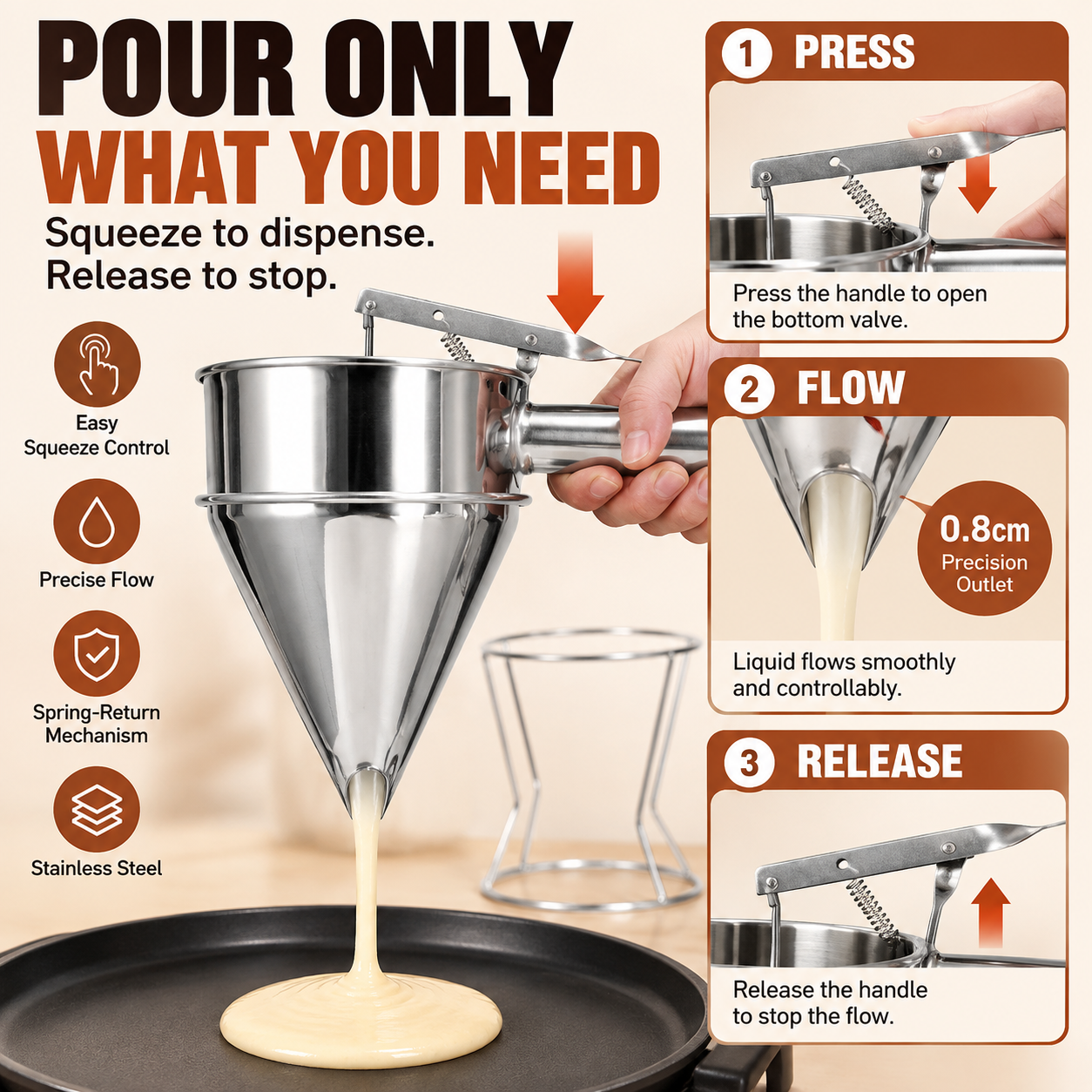 🥞 1.2L Easy-Squeeze Batter & Sauce Dispenser with Stand
