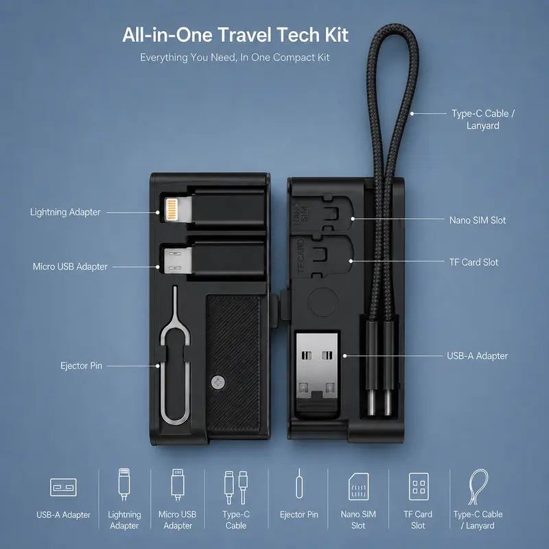🔌 Pocket Travel Cable Kit – USB-C Cable, 3 Adapters, SIM/TF Storage & Phone Stand