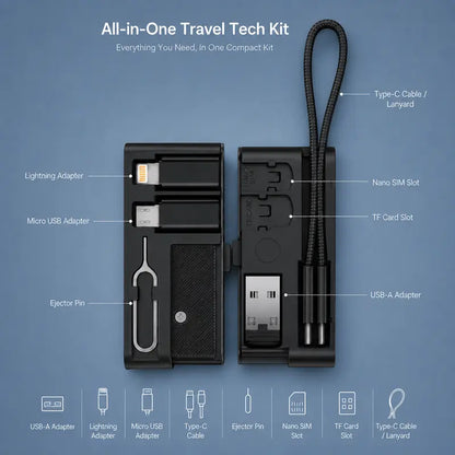 🔌 Pocket Travel Cable Kit – USB-C Cable, 3 Adapters, SIM/TF Storage & Phone Stand