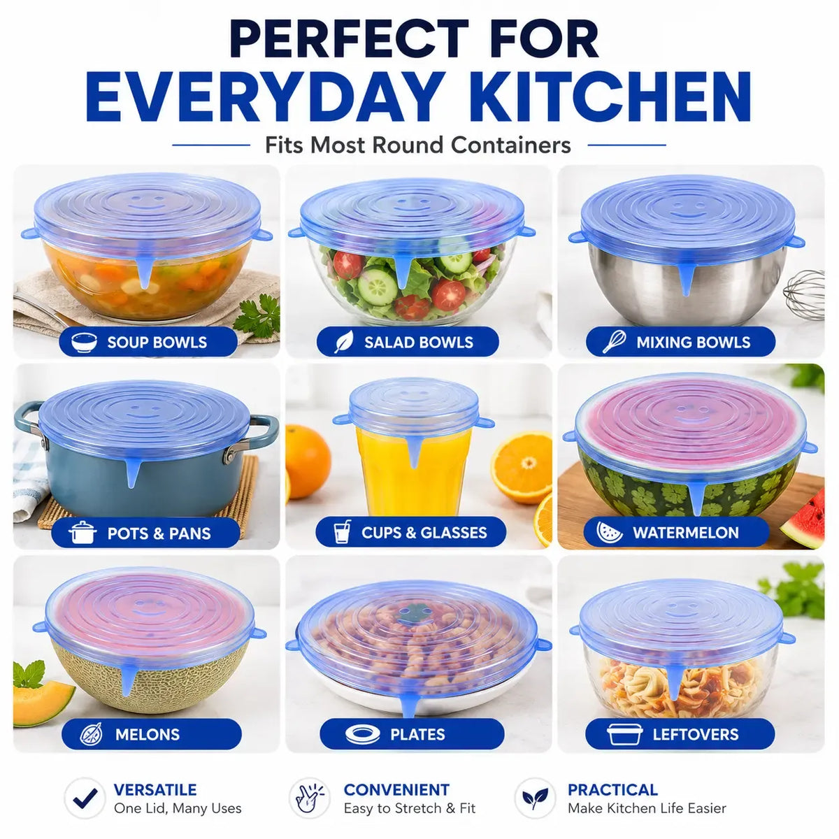 6 Pack Silicone Stretch Lids, Reusable Food Grade Silicone Container Cover