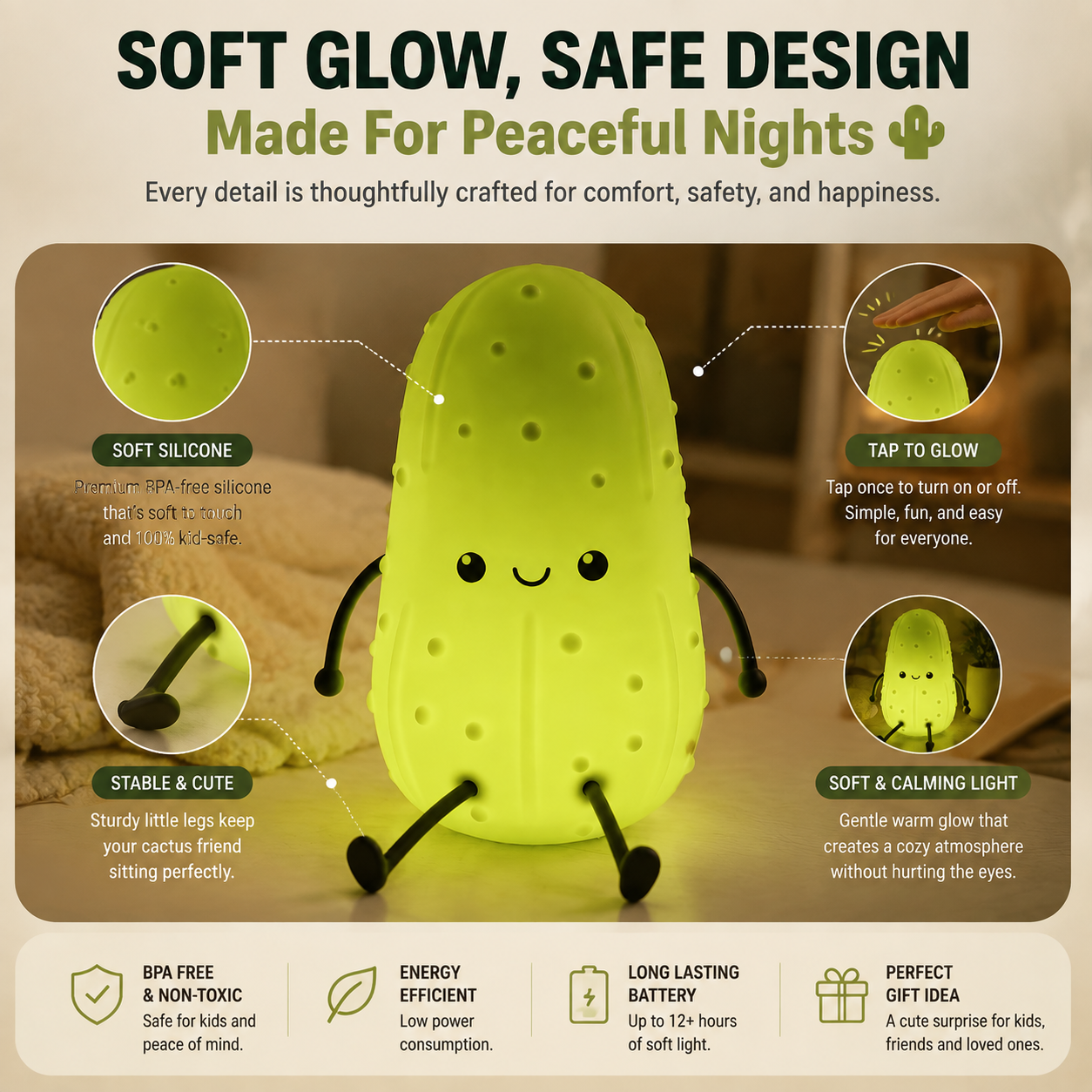 🌵 Cute Cactus Tap Night Light | Soft Silicone Bedside Lamp For Kids & Cozy Room Decor💡