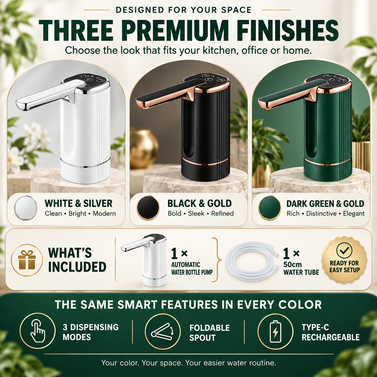 💧 Rechargeable Automatic Water Bottle Pump – 3-Mode Timed Dispenser with Foldable Spout