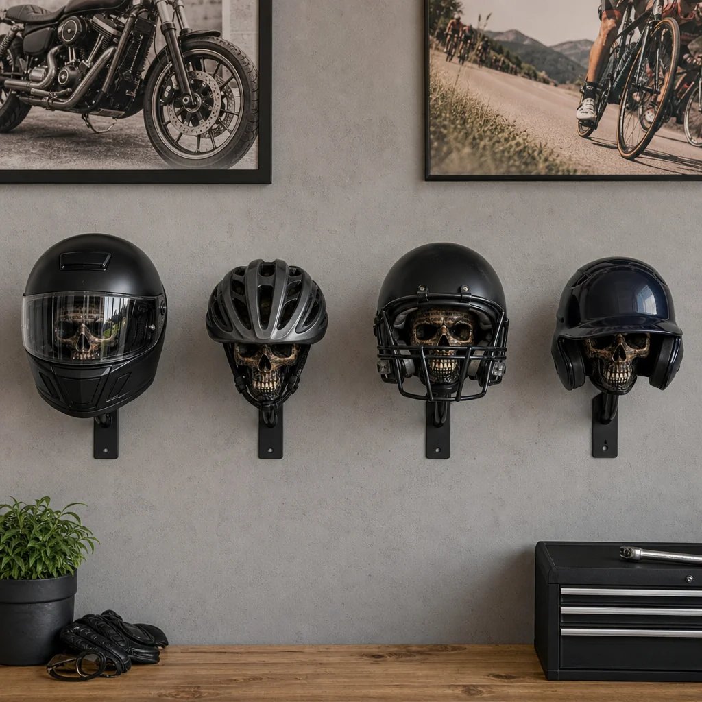 💀 Motorcycle Skull Helmet Holder – Garage Display Wall Mount