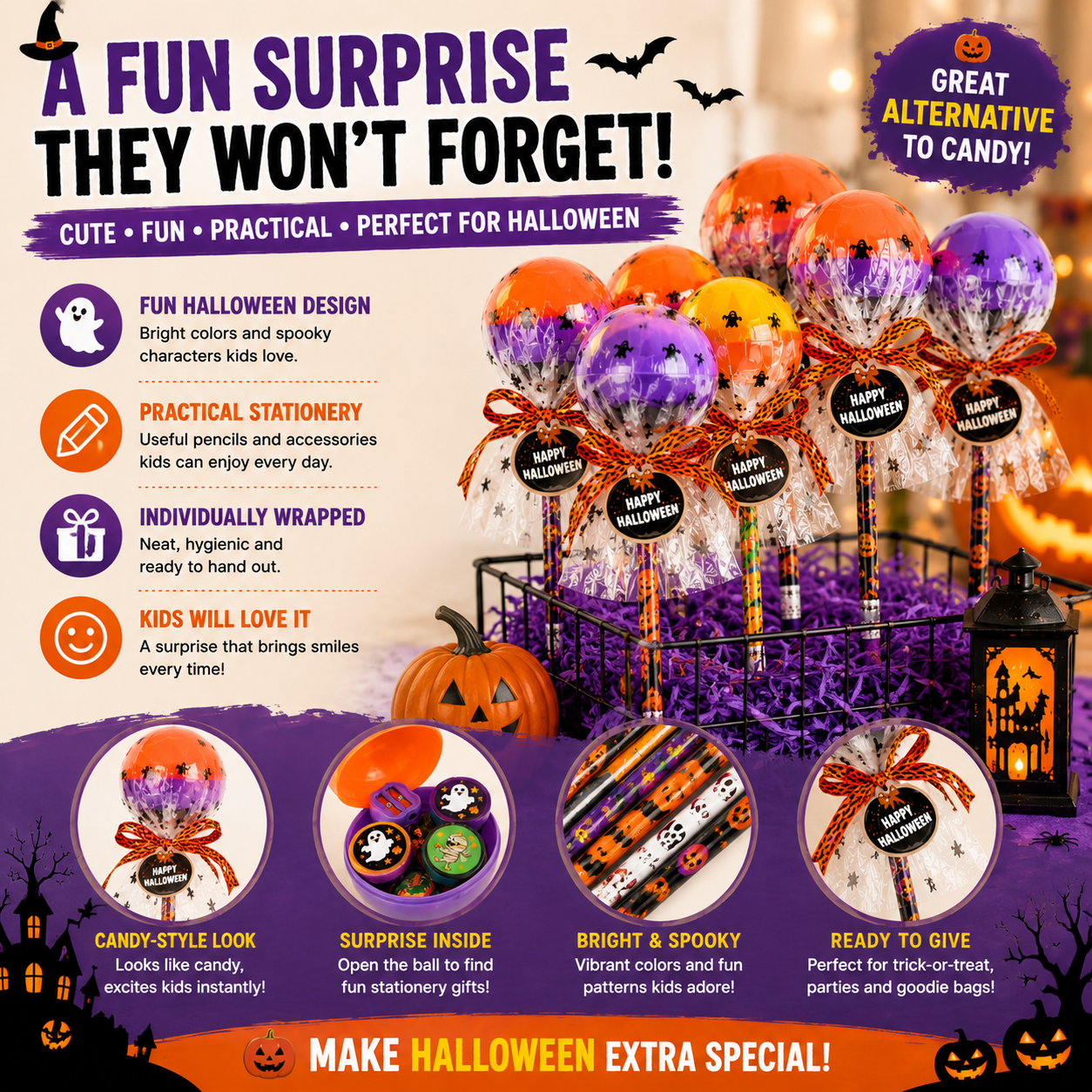 🎃24pcs Halloween Surprise Pencil Gift – Candy-Style Trick-or-Treat Favor for Kids