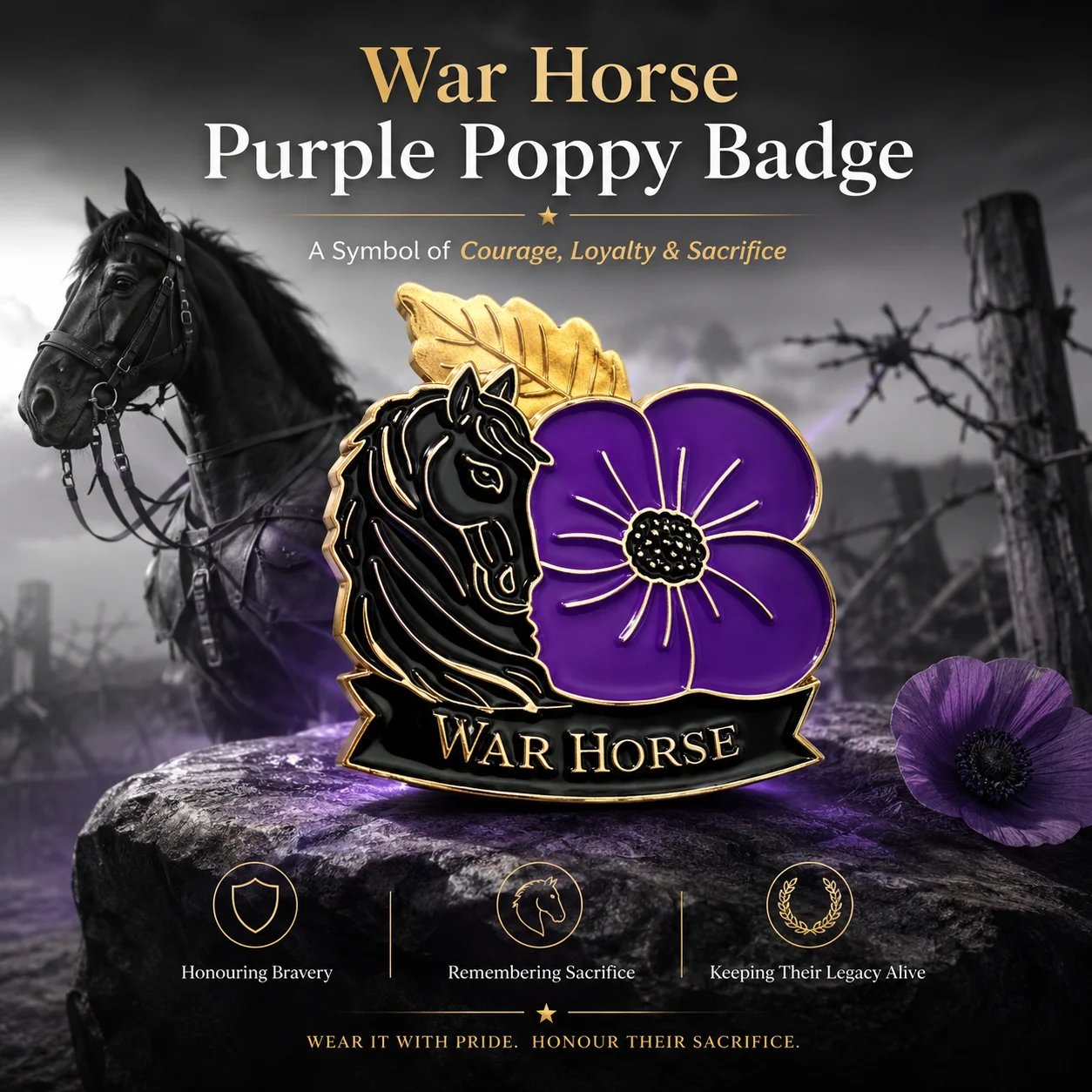🎁 Limited Edition War Horse Purple Poppy 111th Anniversary Remembrance Brooch
