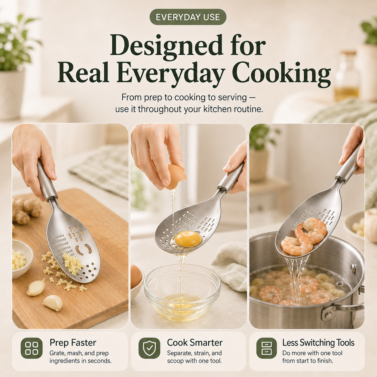 🥄 All-in-One Stainless Steel Kitchen Spoon | Grate, Strain, Mash & More