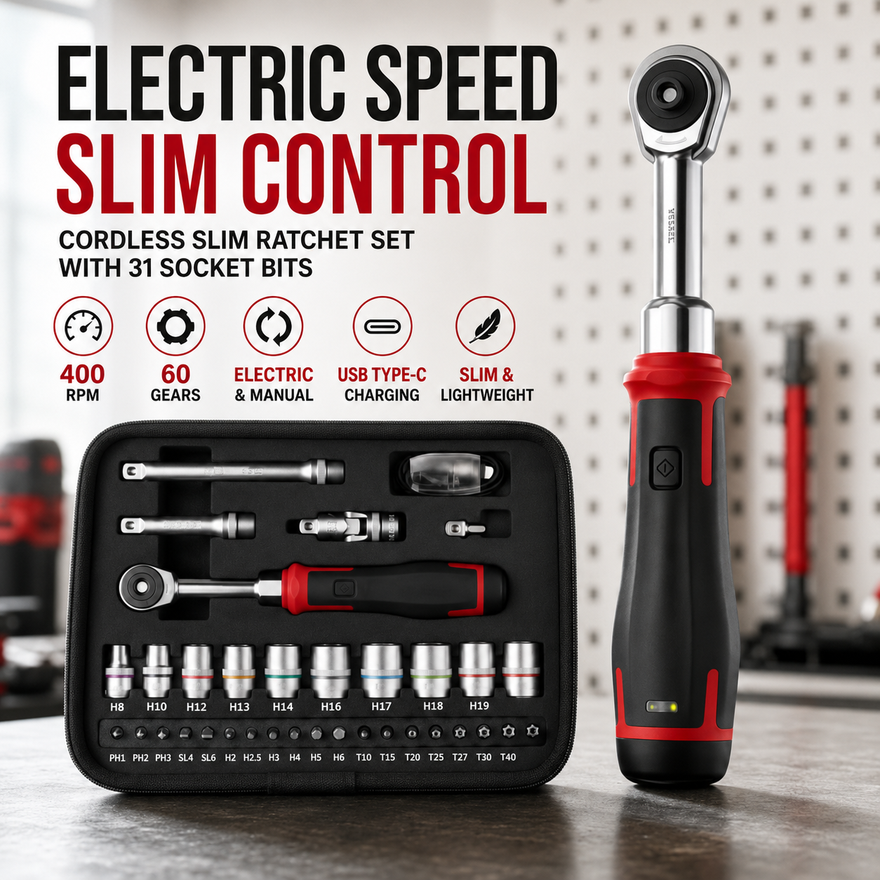 ⚡ 31-Piece Cordless Electric Ratchet Set – Slim 400 RPM Repair Tool Kit
