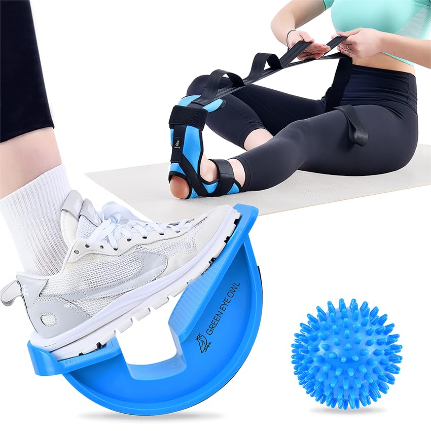 Foot &amp; Calf Stretching Kit-Foot Rocker, Stretching Strap &amp; Spiky Massage Ball-Effective Pain Relief for Plantar Fasciiti