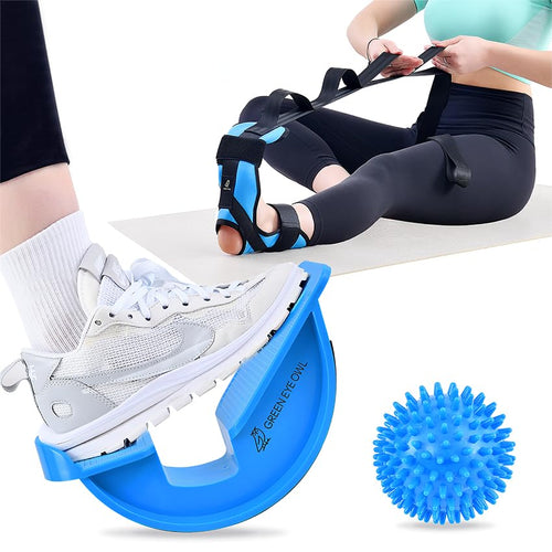Foot &amp; Calf Stretching Kit-Foot Rocker, Stretching Strap &amp; Spiky Massage Ball-Effective Pain Relief for Plantar Fasciiti
